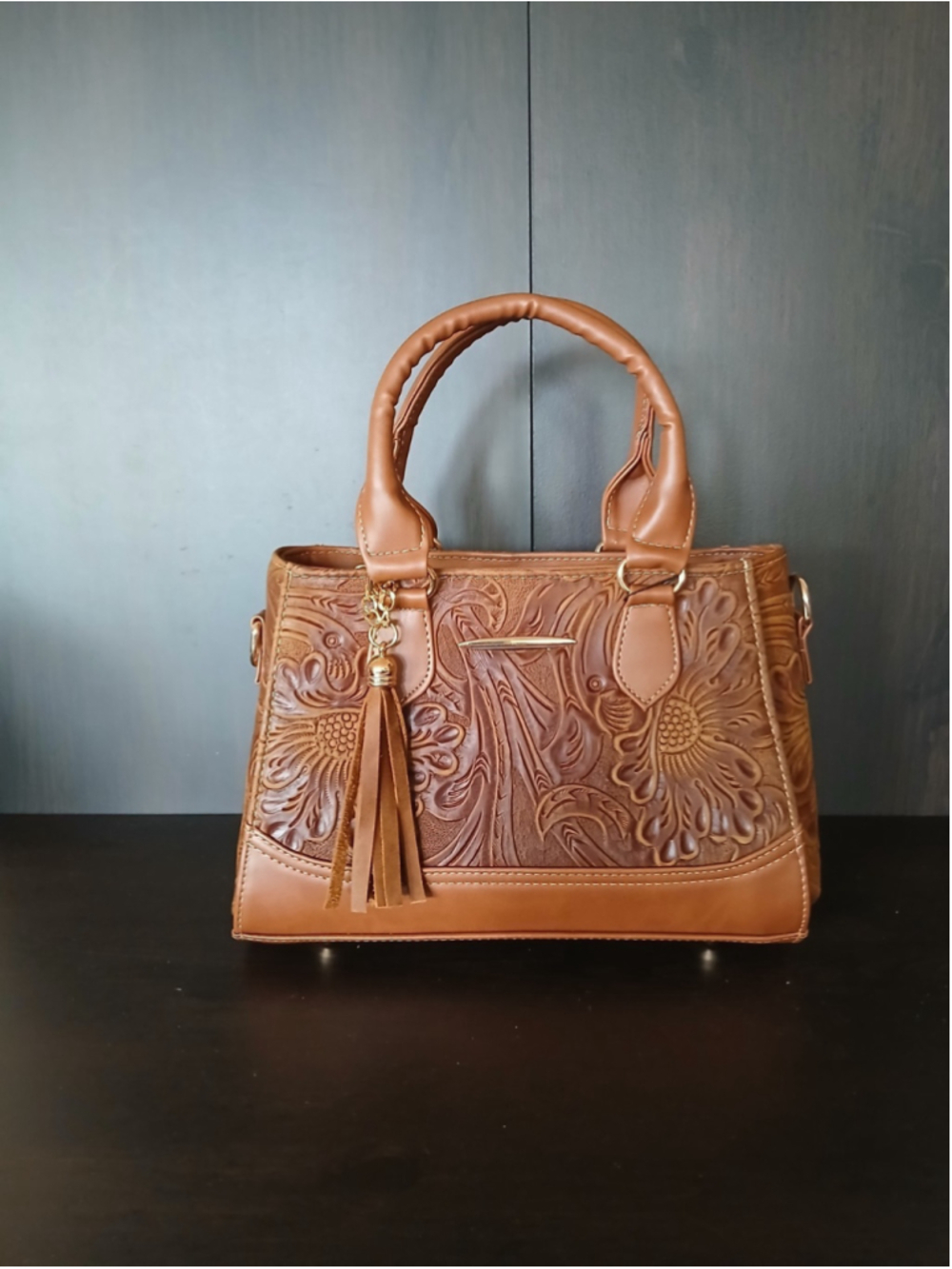 Brown Tasseled Floral Embossed Tooled Artisan LEATHER Crossbody bag Purse - Picture 8 of 16